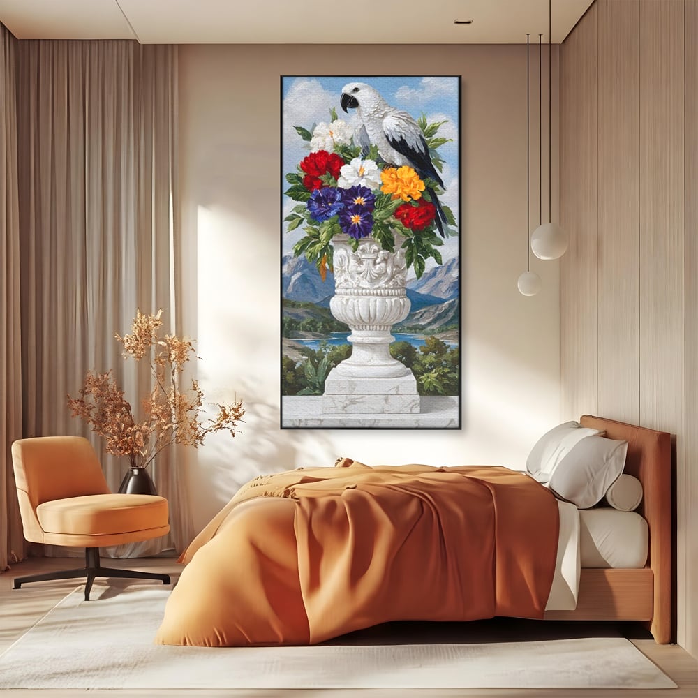 Tablou canvas cu tablou canvas cu papagal si vaza cu flori, in rama de aluminiu negru, pe perete intr-un dormitor